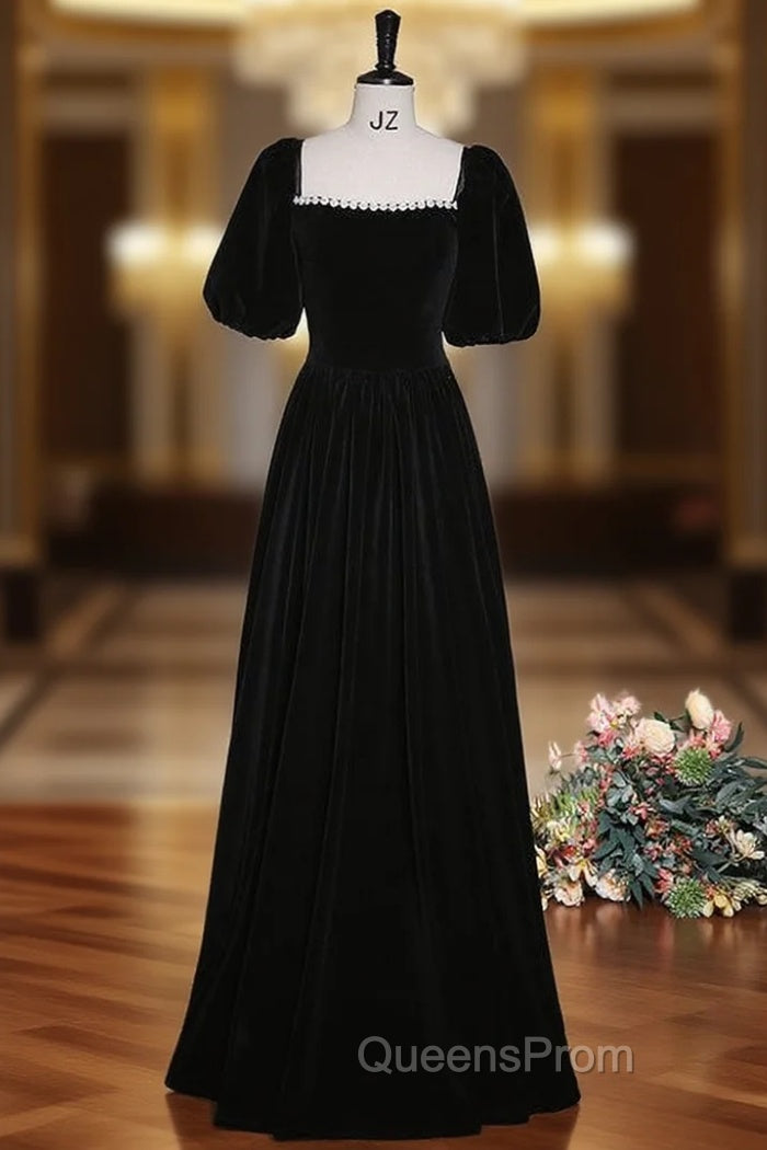 Black Velvet Puff Sleeve Pearls Evening Prom Dress
