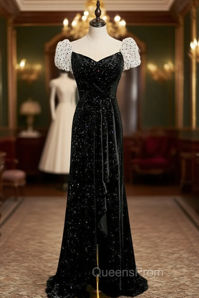 Black Velvet Puff Sleeve Pleats Evening Prom Dress With Split