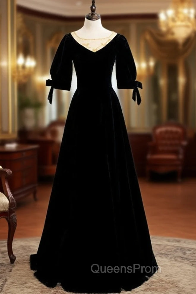 Black Velvet Short Sleeve Beading Evening Prom Dress Main image