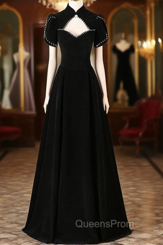 Black Velvet Short Sleeve High Neck Evening Prom Dress Main image