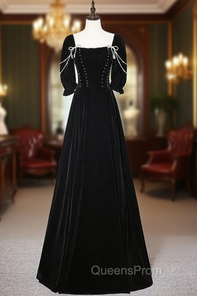 Black Velvet Short Sleeve Pearls Evening Prom Dress Main image