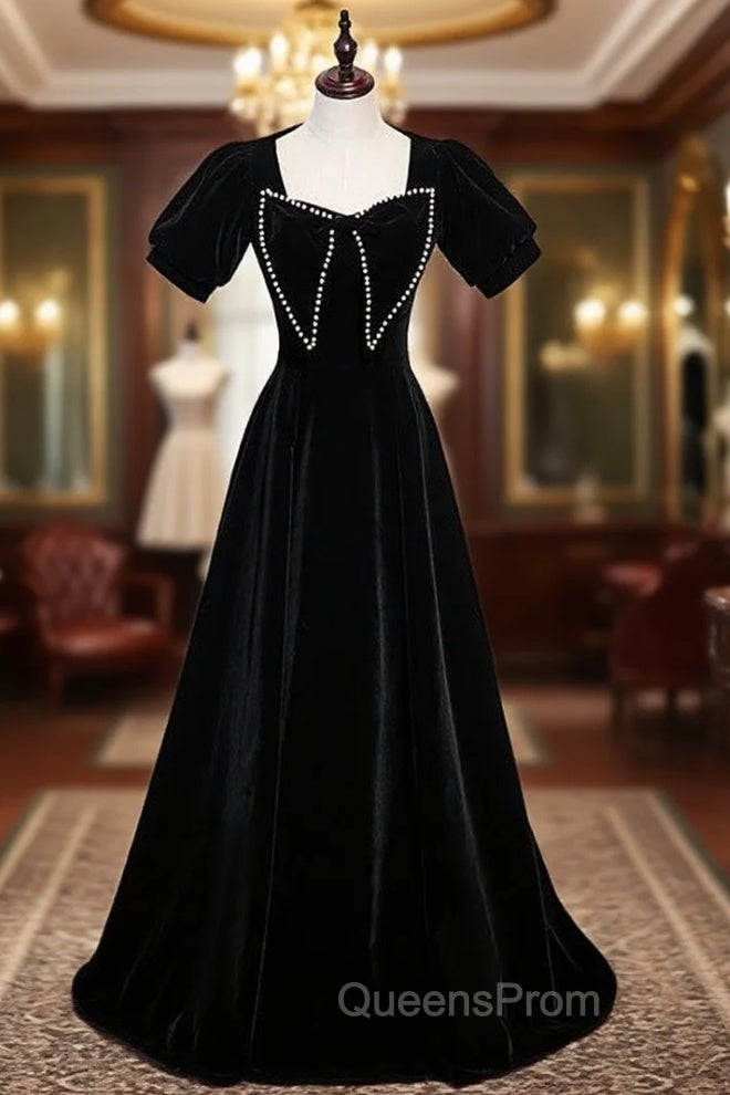 Black Velvet Short Sleeve Pearls Evening Prom Dress Main image