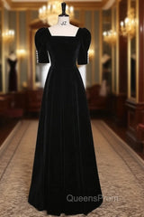 Black Velvet Short Sleeve Evening Prom Dress