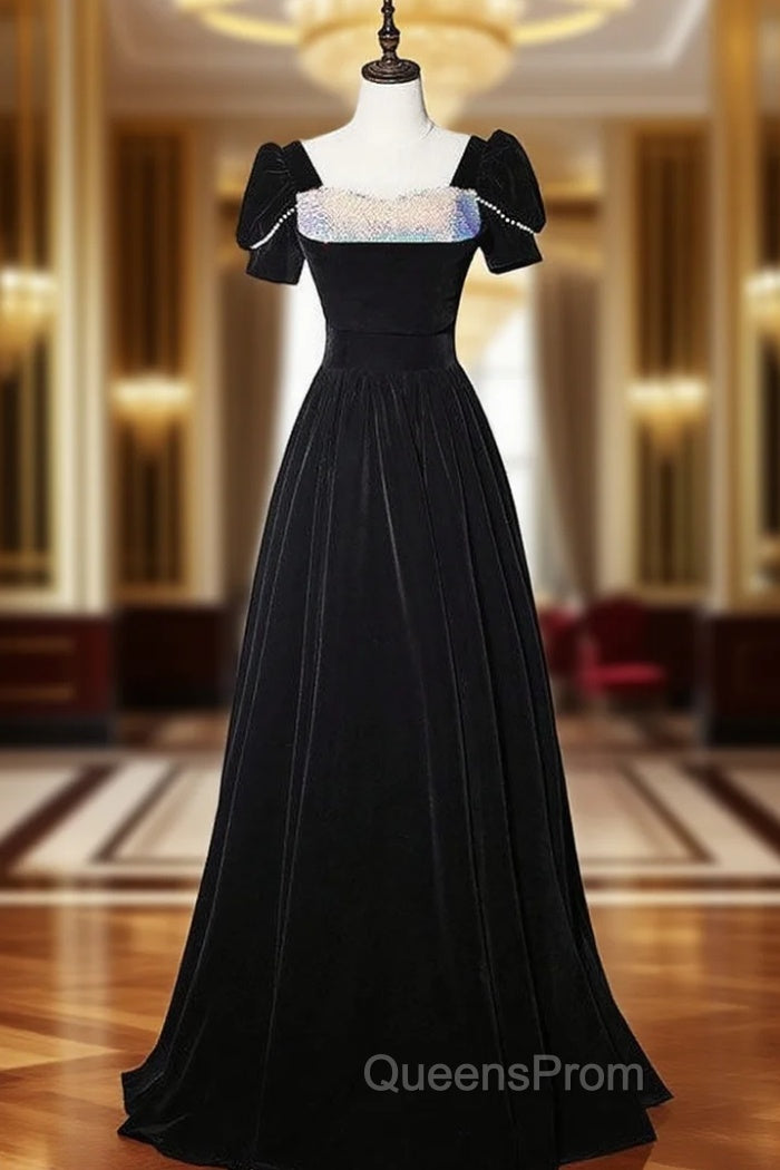 Black Velvet Short Sleeve Sequins Evening Prom Dress