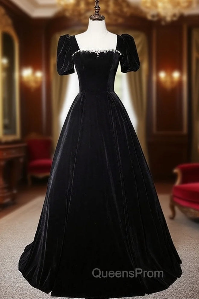 Black Velvet Short Sleeve Square Neck Crystal Evening Prom Dress