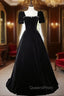 Black Velvet Short Sleeve Square Neck Crystal Evening Prom Dress
