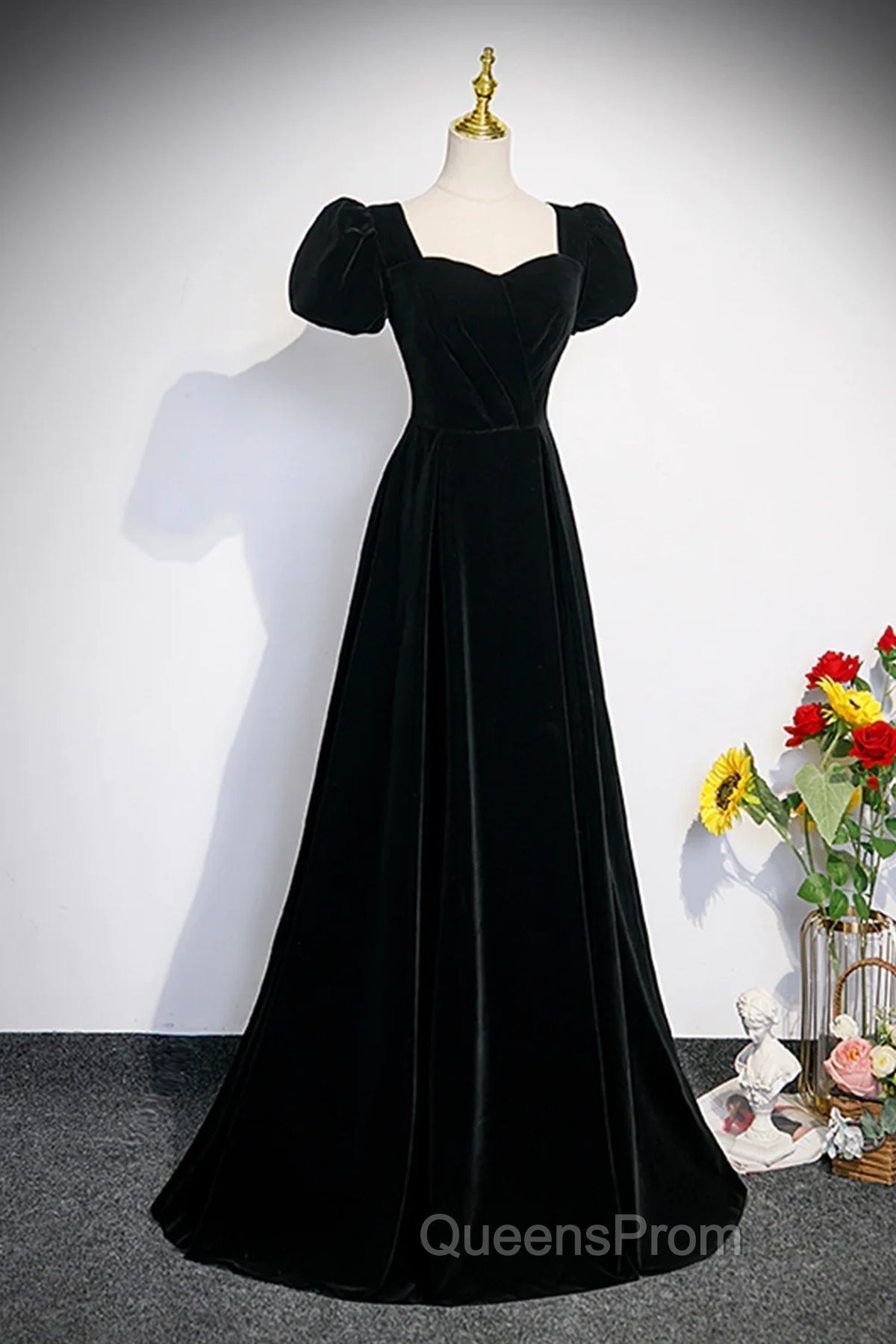 Black Velvet Short Sleeves Floor Length Long Evening Prom Dress, Black Velvet Long Evening Dress Secondary image