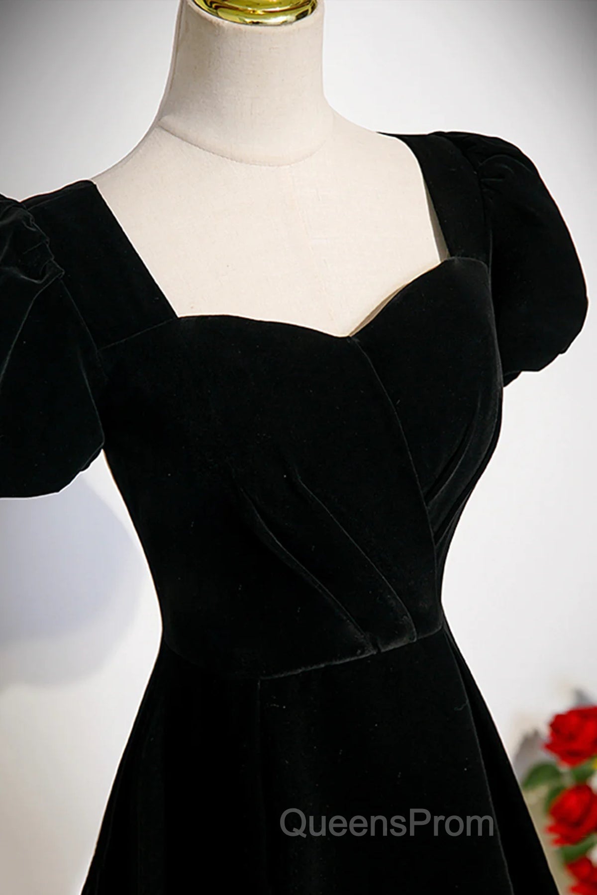 Black Velvet Short Sleeves Floor Length Long Evening Prom Dress, Black Velvet Long Evening Dress