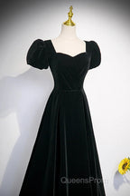 Black Velvet Short Sleeves Floor Length Long Evening Prom Dress, Black Velvet Long Evening Dress
