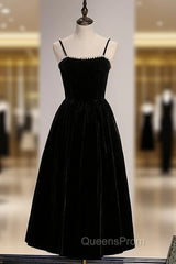 Black Velvet Spagehtti Straps Pearls Evening Prom Dress