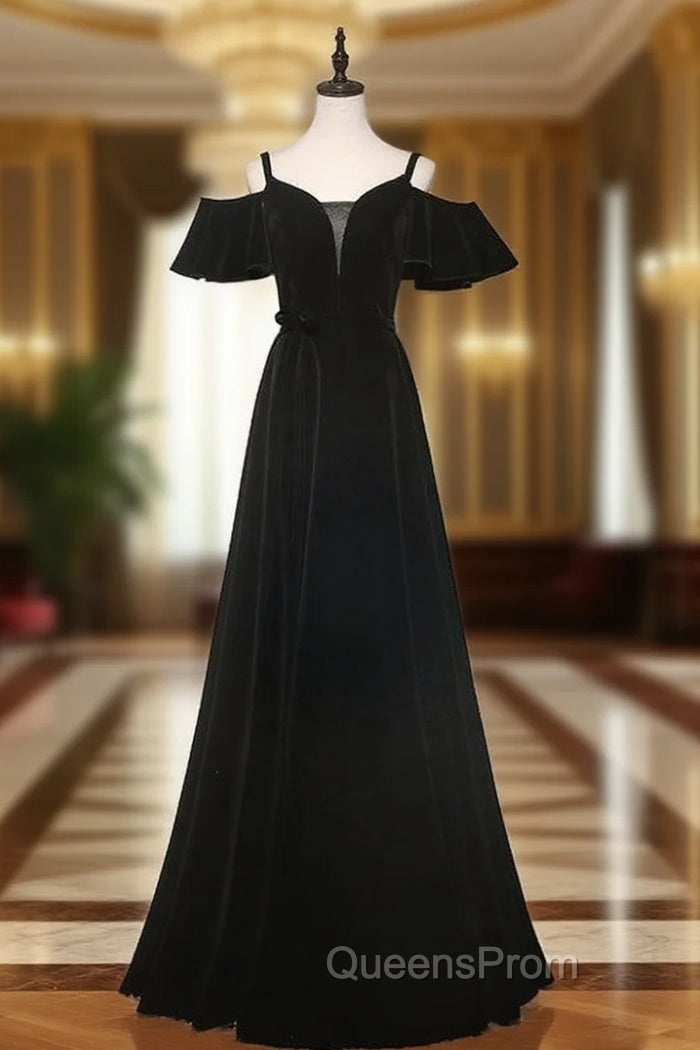 Black Velvet Spaghetti Straps Evening Prom Dress