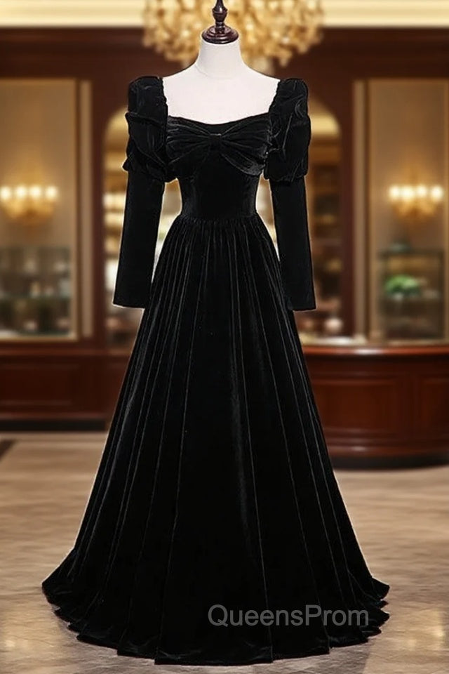 Black Velvet Square Bow Long Sleeve Evening Prom Dress Main image