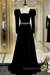 Black Velvet Square Long Sleeve Evening Prom Dress With Belt