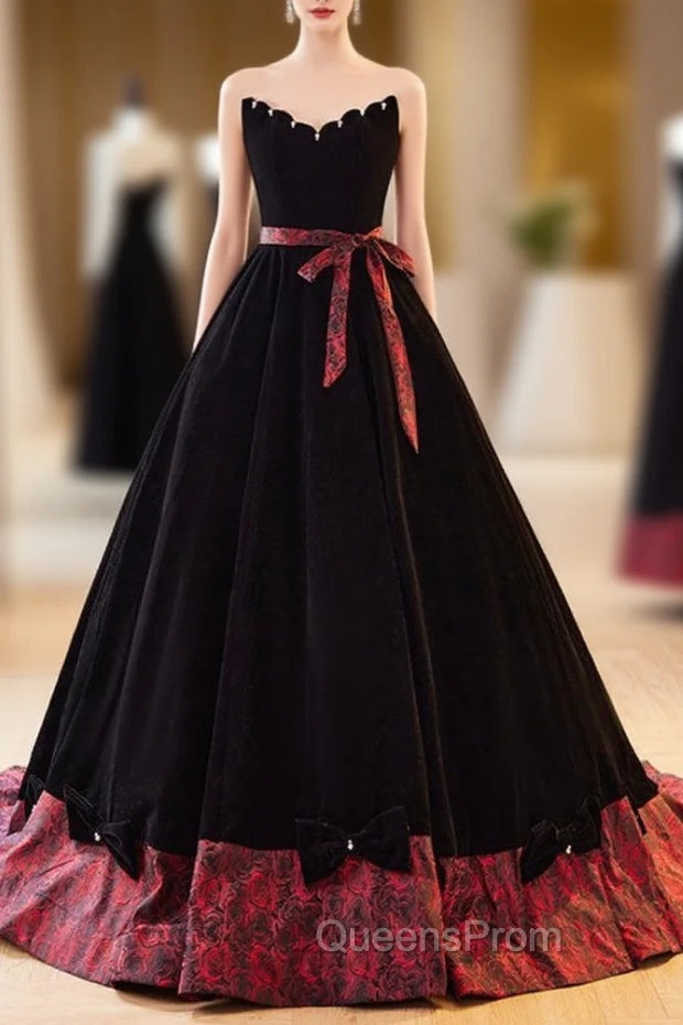 Black Velvet Strapless Bow Quinceanera Dress
