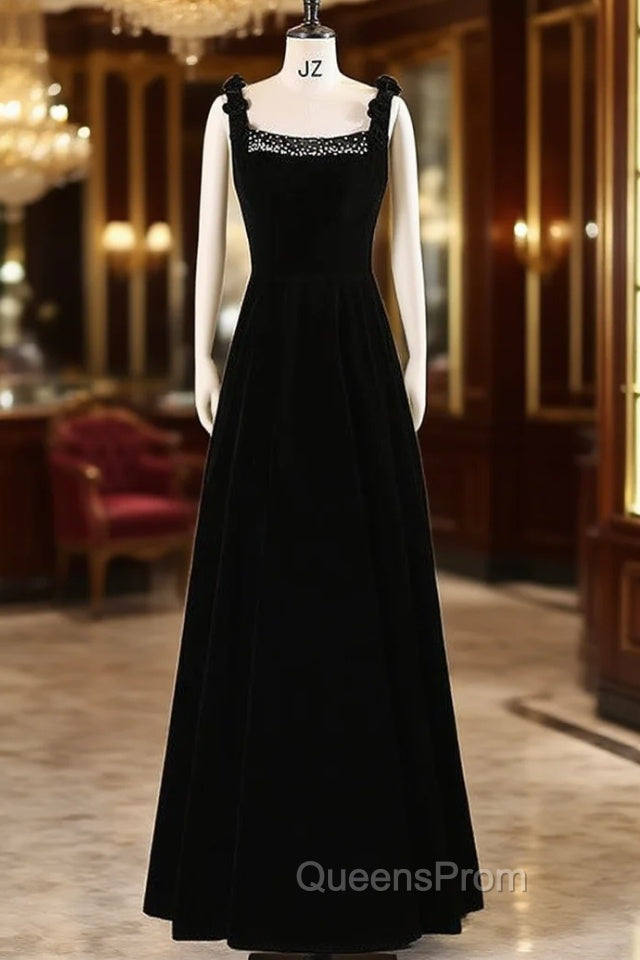 Black Velvet Straps Beading Evening Prom Dress