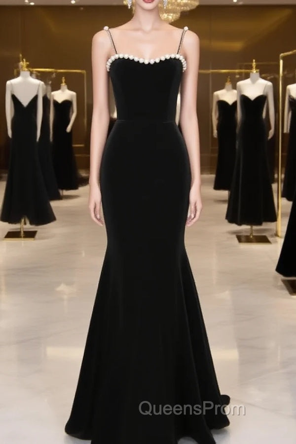 Black Velvet Straps Tea Length Party Dress, Black Velvet Homecoming Dress Main image