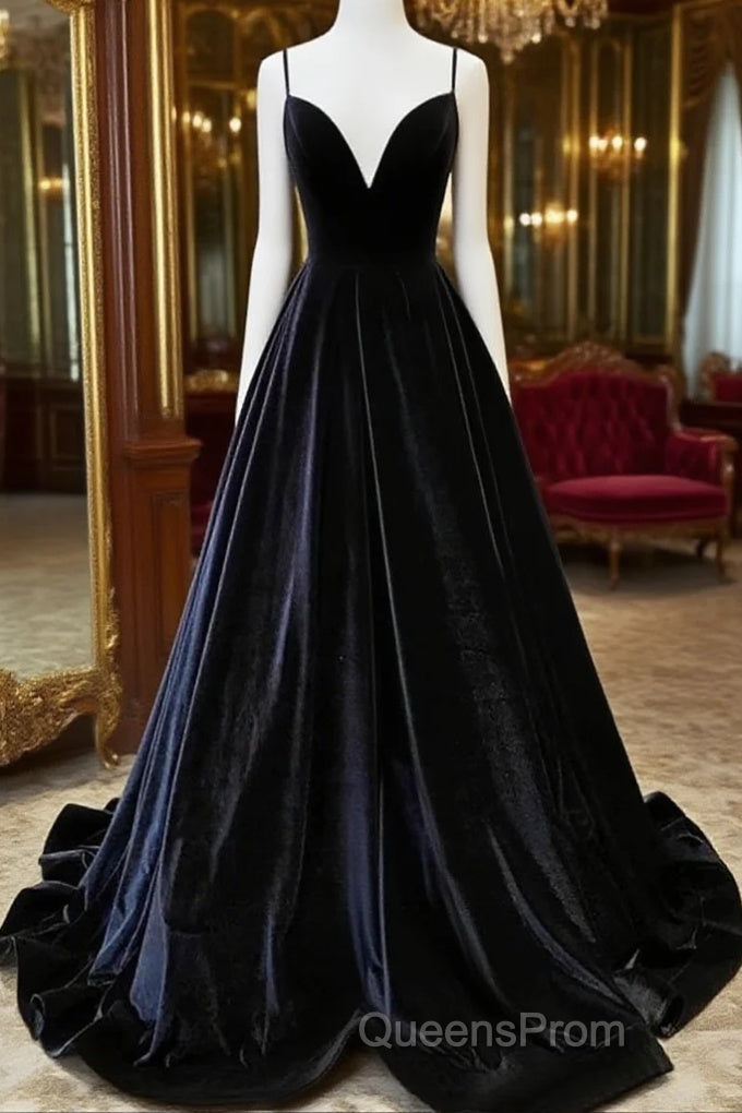 Black Velvet Straps V-Neckline Long Party Dress, A-Line Velvet Evening Prom Dress Main image