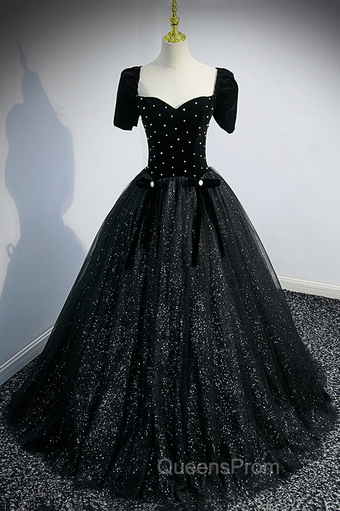 Black Velvet Tulle Long Ball Gown, Black A-Line Evening Gown Secondary image