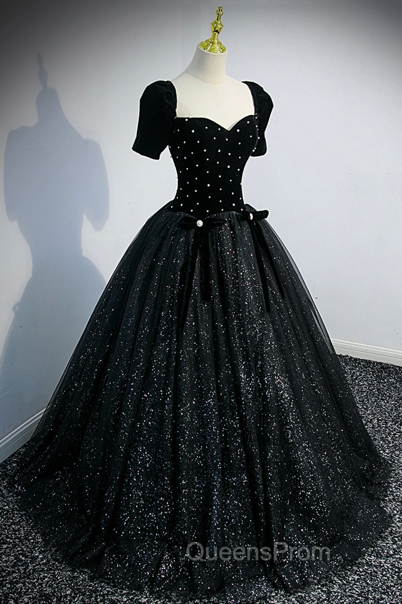 Black Velvet Tulle Long Ball Gown, Black A-Line Evening Gown Main image