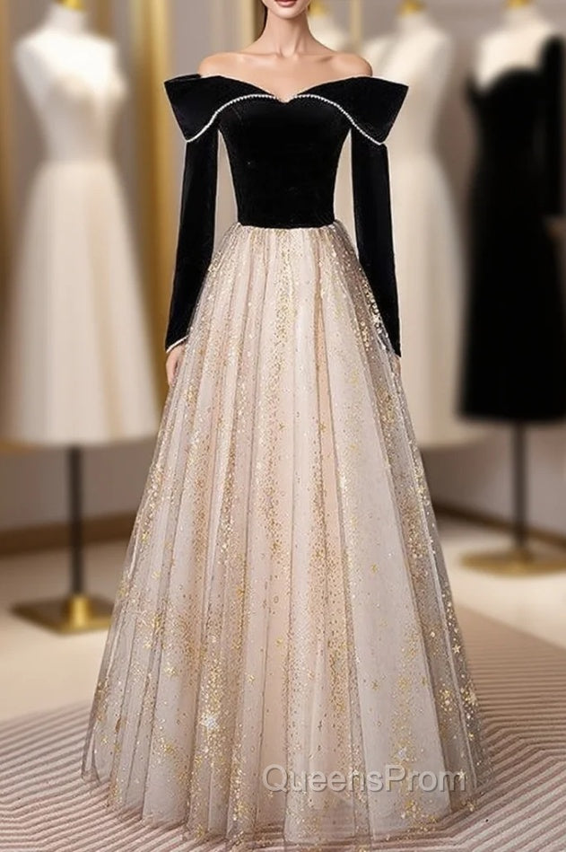Black Velvet Tulle Off the Shoulder Pearls Evening Prom Dress