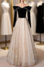 Black Velvet Tulle Off the Shoulder Pearls Evening Prom Dress