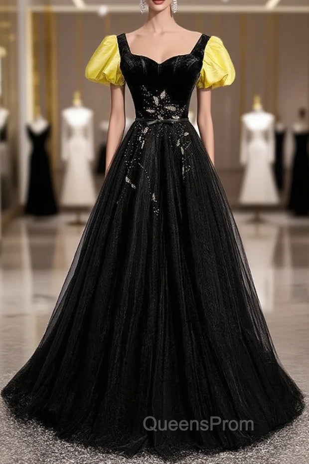 Black Velvet Tulle Square Short Sleeve Evening Prom Dress Main image