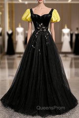 Black Velvet Tulle Square Short Sleeve Evening Prom Dress