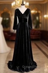 Black Velvet V-neck Long Sleeve Button Evening Prom Dress