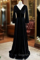 Black Velvet V-neck Long Sleeve Evening Prom Dress