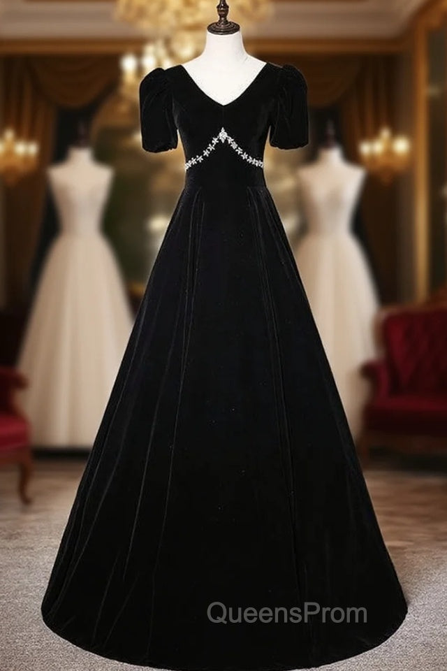 Black Velvet V-neck Short Sleeve Crystal Evening Prom Dress Main image