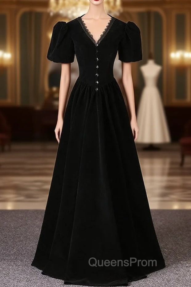 Black Velvet V-neck Short Sleeve Evening Prom Dress Main image