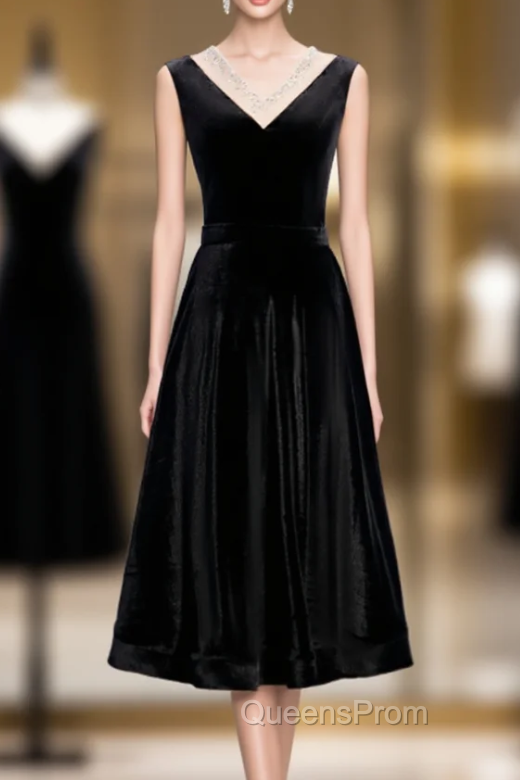 Black Velvet V-neck Short Sleeve Tea Length Evening Prom Dress Main image