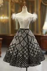 Black White Ball Gown Lace Sequins Tea Length Evening Prom Dress