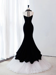 Black/White Velvet Mermaid Long Evening Prom Dress, Black Formal Evening Dress