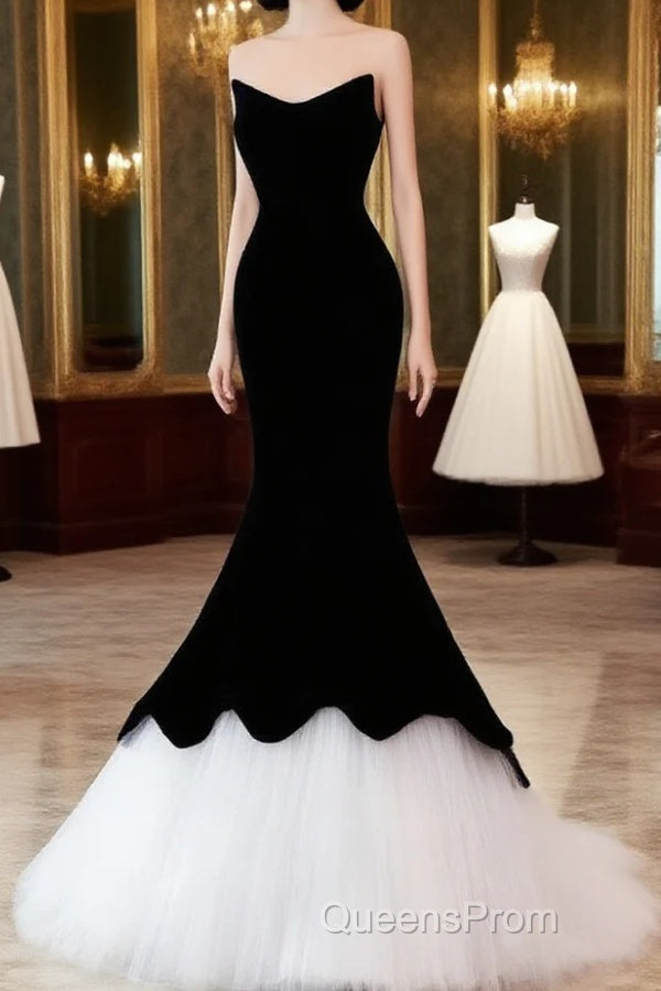 Black/White Velvet Mermaid Long Evening Prom Dress, Black Formal Evening Dress Main image