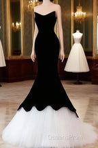 Black/White Velvet Mermaid Long Evening Prom Dress, Black Formal Evening Dress