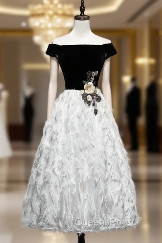 Black White Velvet Off the Shoulder Appliques Evening Prom Dress