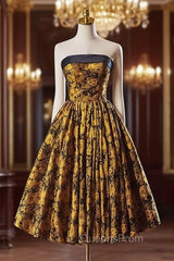 Black Yellow Print Strapless Homecoming Dress