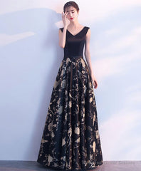 Black V Neck Floral Pattern Long Prom Dress, Evening Dress