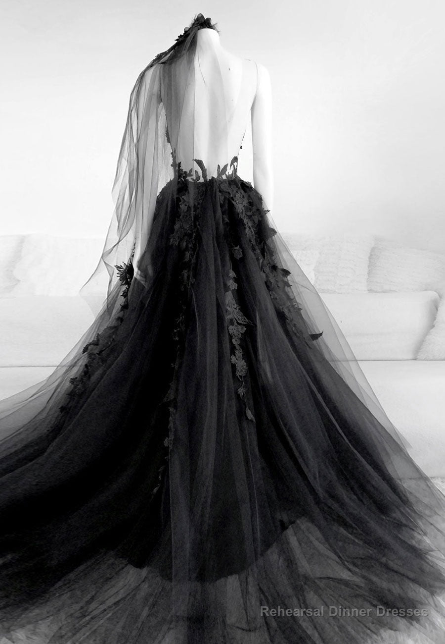 Black Lace Long Prom Dress, A-Line Backless Evening Dress Secondary image