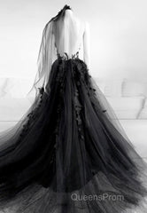 Black Lace Long Evening Prom Dress, A-Line Backless Evening Dress