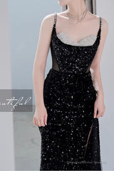 Black Mermaid Sequins Prom Dress Spaghetti Straps Sleeveless Beading Party Gown