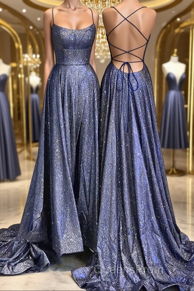 Bling Bling Backless Long Evening Prom Dress, Open Back Blue Long Formal Evening Dress Main image