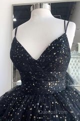 Bling Bling V Neck High Low Black Long Evening Prom Dress, Fluffy Black Formal Evening Dress, Ball Gown