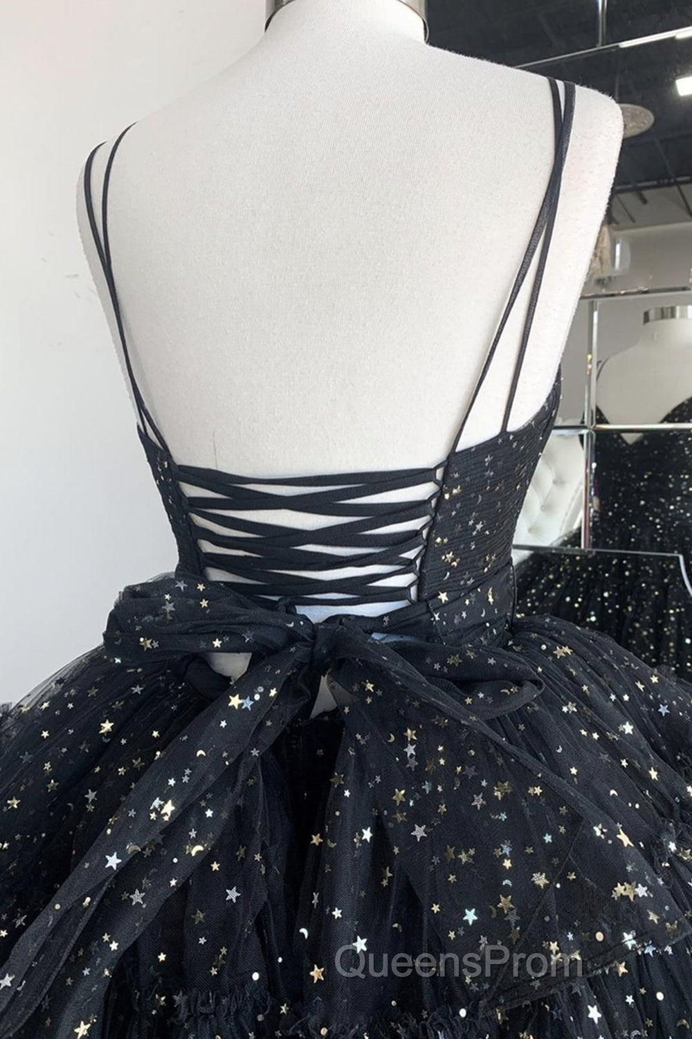 Bling Bling V Neck High Low Black Long Evening Prom Dress, Fluffy Black Formal Evening Dress, Ball Gown
