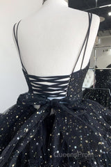 Bling Bling V Neck High Low Black Long Evening Prom Dress, Fluffy Black Formal Evening Dress, Ball Gown