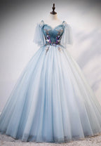 Lovely Spaghetti Strap Blue Long Prom Dresses, Lace Evening Dresses