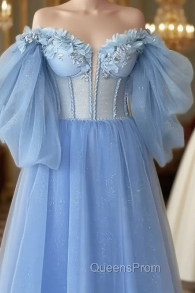 Blue A-Line Midi Tulle Corset Dress With Puffy Sleeves Main image