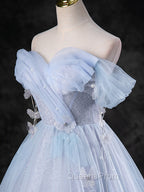Blue A-Line Off Shoulder Tulle Long Evening Prom Dress, Blue Evening Dress