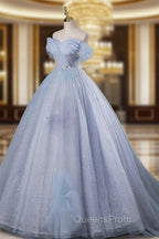 Blue A-Line Off Shoulder Tulle Long Evening Prom Dress, Blue Evening Dress